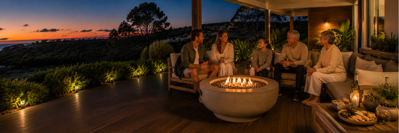 Wide coastal alfresco entertaining area with a family gathered around a round fire bowl at dusk, overlooking bushland views and a glowing Australian sunset.