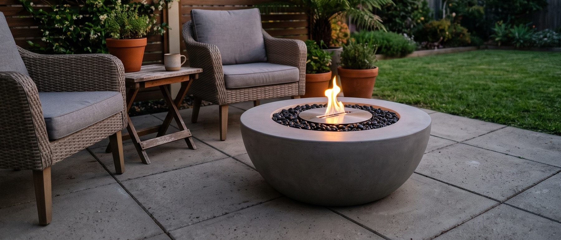 Round concrete bioethanol fire bowl with a clean flame on a suburban patio at dusk