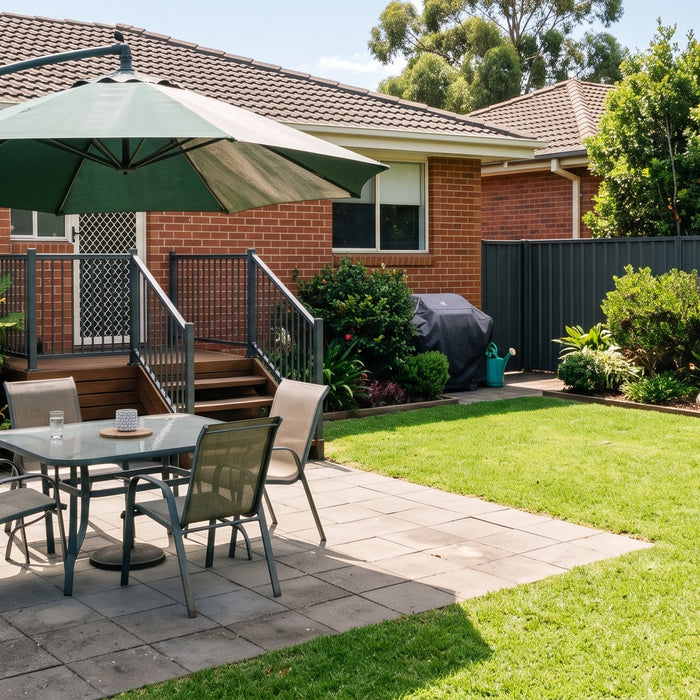 Cantilever patio umbrella canopy open in bright Australian sun, showing fabric colour