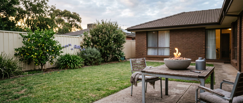 Bioethanol fireplace burning on an outdoor table with a fuel canister nearby in an Australian backyard
