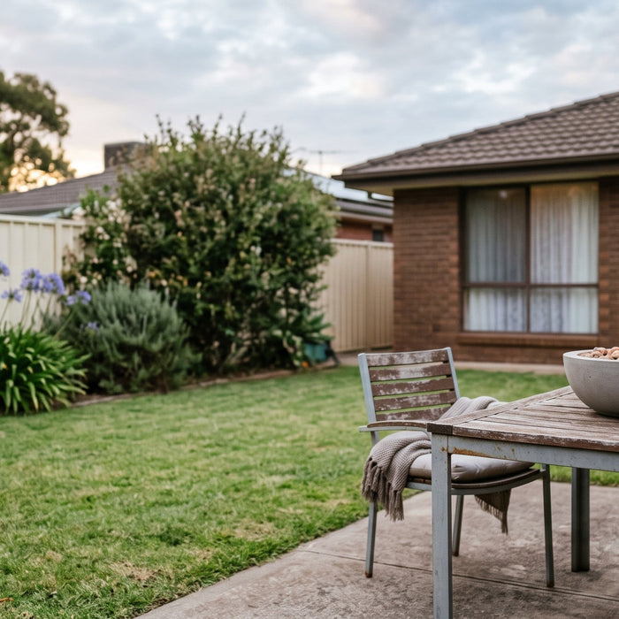 Bioethanol fireplace burning on an outdoor table with a fuel canister nearby in an Australian backyard
