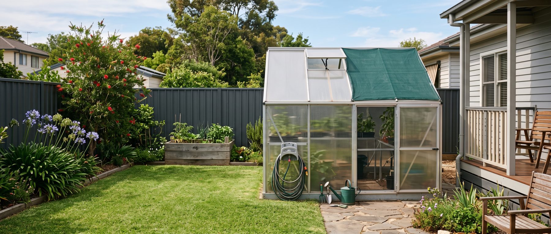 Backyard polycarbonate greenhouse with shade cloth and an open roof vent on a summer afternoon