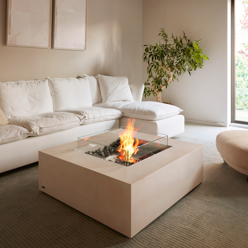 EcoSmart Base 40 bioethanol fire table used safely indoors in a minimalist living room