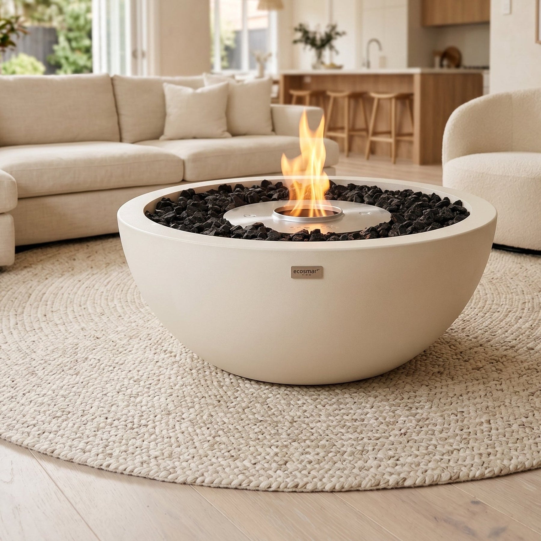 EcoSmart Mix 600 bioethanol fire indoors in a homely open-plan living room