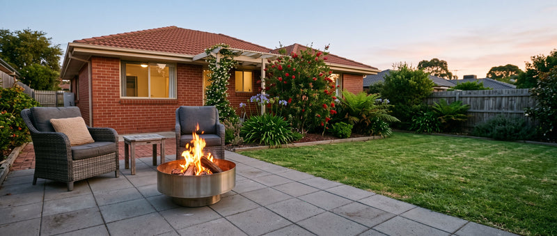 Solid stainless steel fire bowl with an open flame on a suburban patio at dusk
