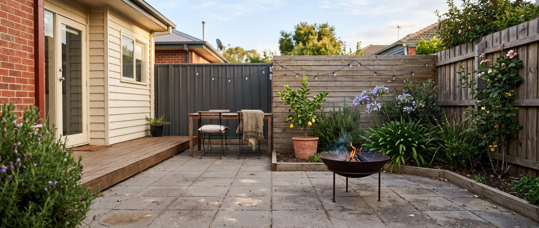 Fire bowl vs fire pit, a small elevated fire bowl on a stand in a courtyard corner