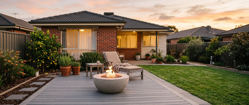 A bioethanol fire pit with a contained flame on a composite timber deck in a tidy Australian suburban backyard at dusk