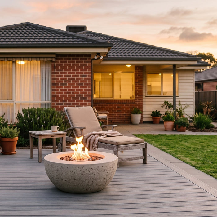 A bioethanol fire pit with a contained flame on a composite timber deck in a tidy Australian suburban backyard at dusk