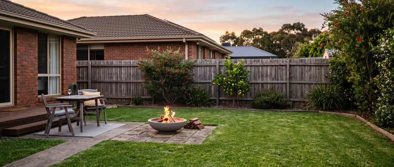 A small bioethanol fire pit burning a safe distance from a timber fence in a tidy Australian backyard