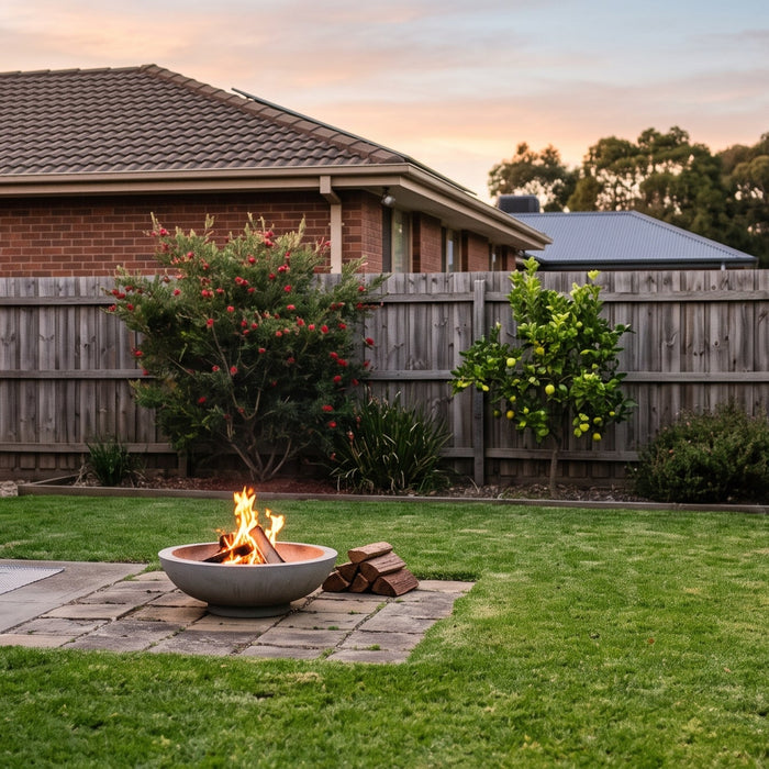 A small bioethanol fire pit burning a safe distance from a timber fence in a tidy Australian backyard