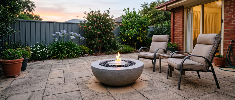 Concrete bioethanol fire bowl with a clean flame on a paved suburban patio at dusk