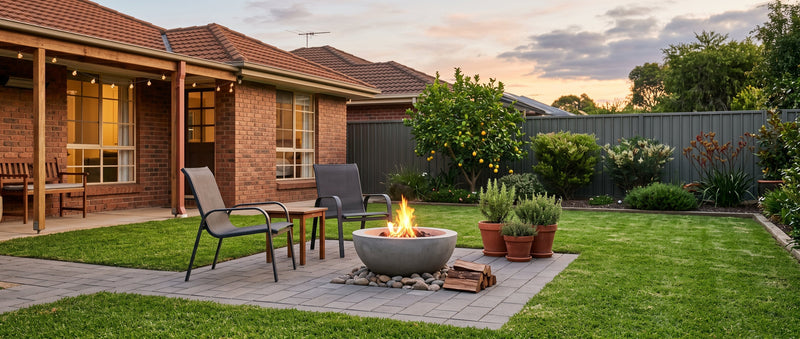Tidy Australian suburban backyard at dusk with a low concrete fire pit on a paved patio