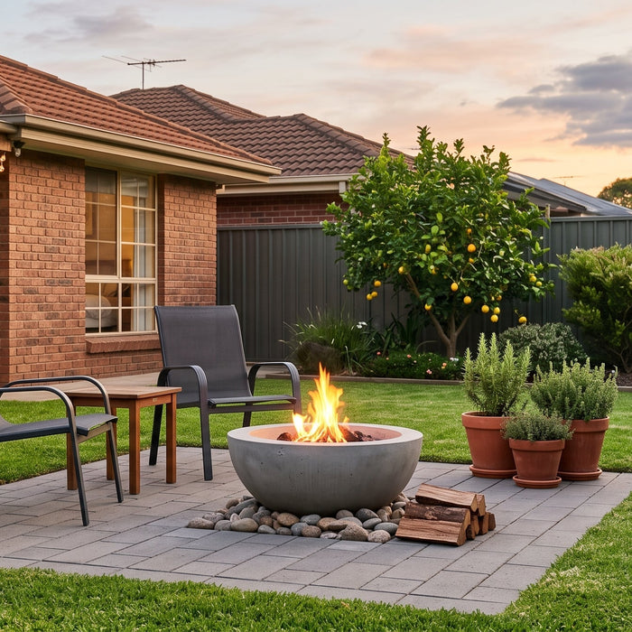 Tidy Australian suburban backyard at dusk with a low concrete fire pit on a paved patio