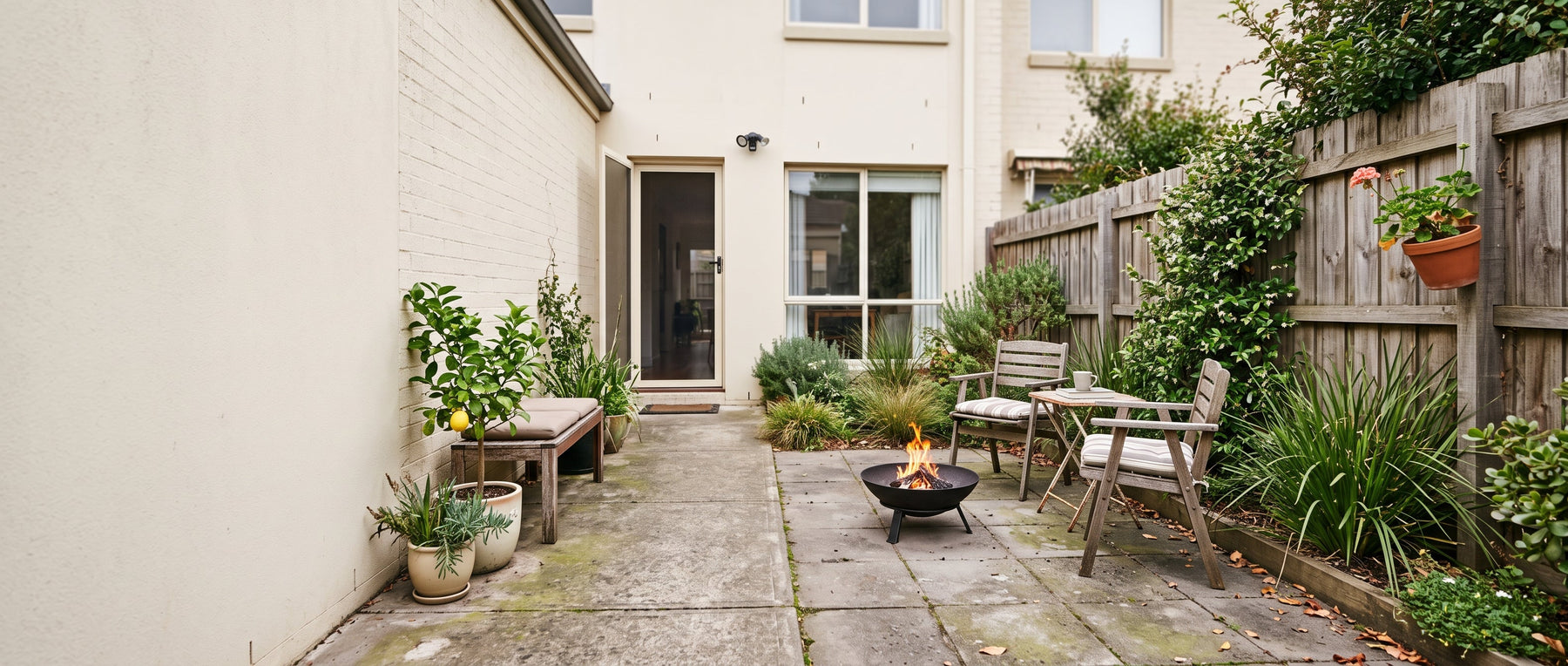 A small fire pit burning in a narrow paved townhouse courtyard beside a timber fence