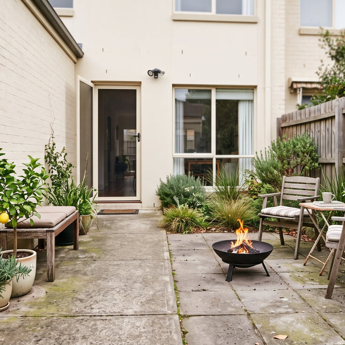 A small fire pit burning in a narrow paved townhouse courtyard beside a timber fence