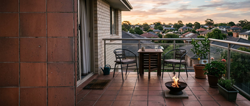 A small fire pit burning on an apartment balcony, positioned clear of the railing and furniture