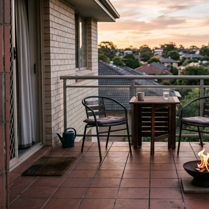 A small fire pit burning on an apartment balcony, positioned clear of the railing and furniture