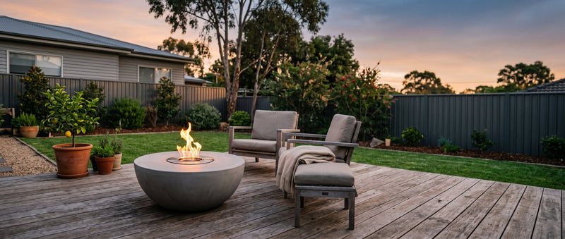 A bioethanol fire pit with a contained flame on a timber deck in a tidy Australian suburban backyard at dusk