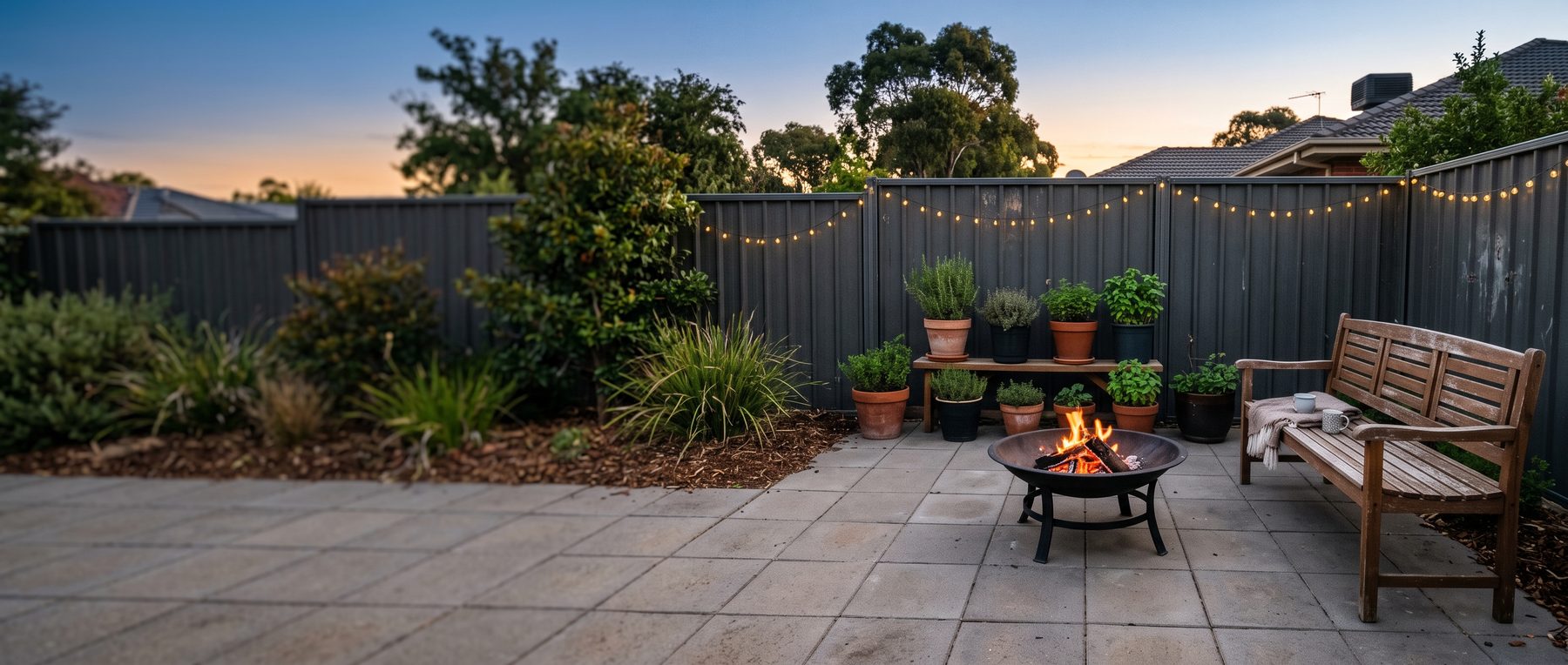 Steel fire bowl with a wood fire on a paved suburban courtyard at dusk