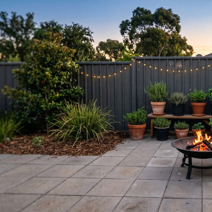 Steel fire bowl with a wood fire on a paved suburban courtyard at dusk