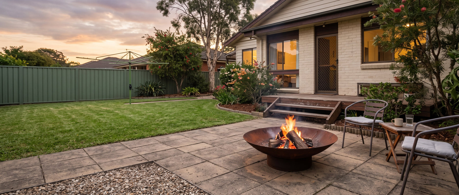 Fire pit vs chiminea comparison, a round steel fire pit burning on an Australian backyard patio
