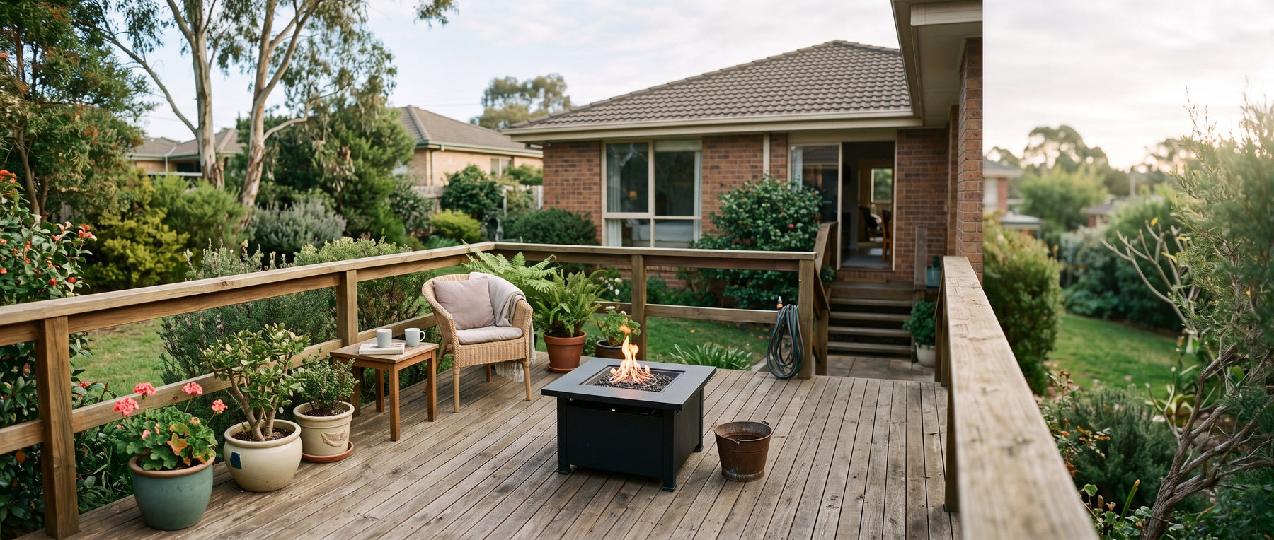 A small fire table on a timber deck with a clear gap to the deck railing beside it