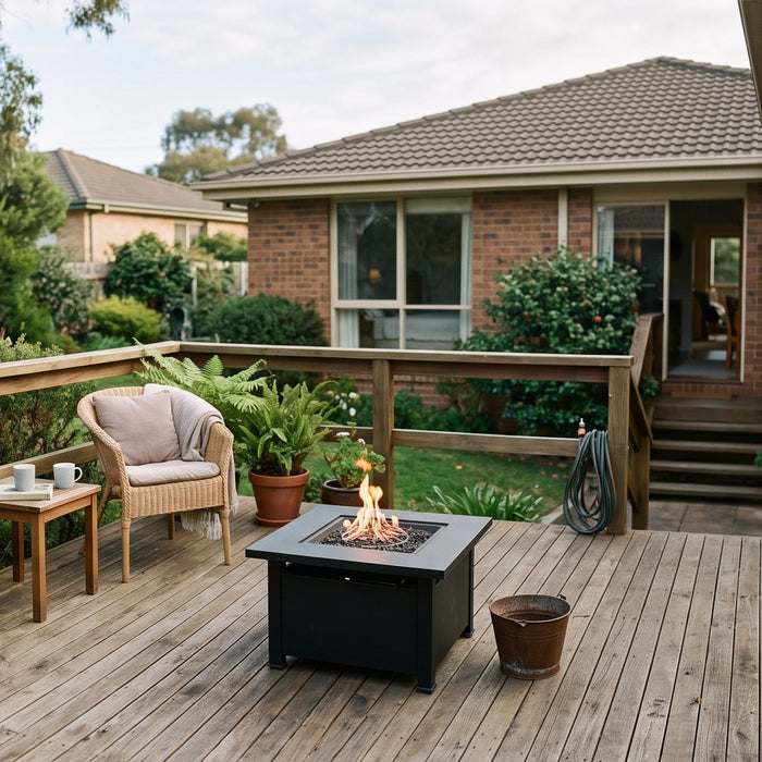 A small fire table on a timber deck with a clear gap to the deck railing beside it
