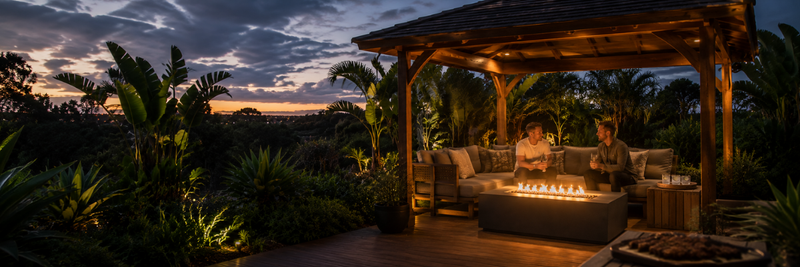 A modern gas fire table glowing beneath a timber gazebo at dusk, with two men relaxing on outdoor lounge seating surrounded by tropical garden lighting.
