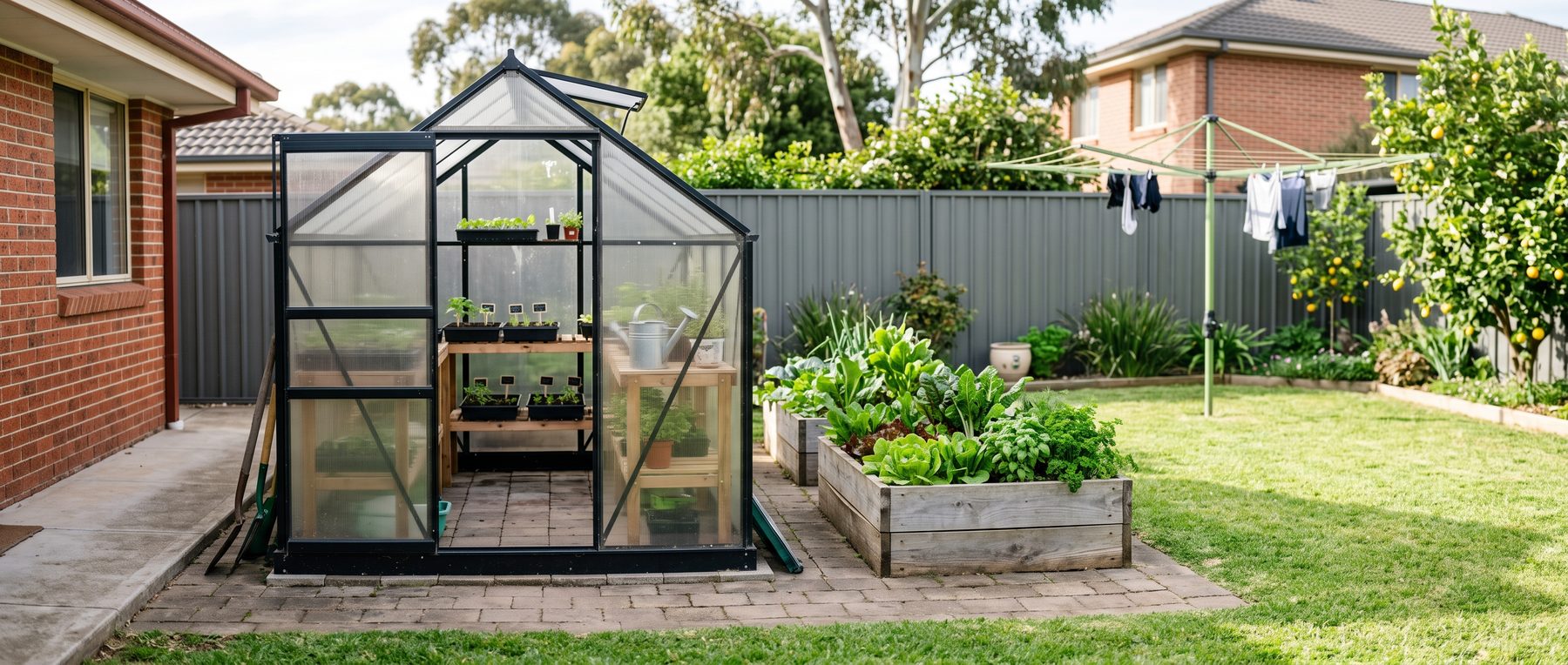Small polycarbonate greenhouse with seedlings beside raised garden beds in an Australian backyard