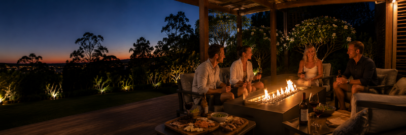 Friends gathered around a premium rectangular Fire Table on a luxury Australian outdoor deck at dusk, with food platters, wine, and landscaped gardens surrounding the glowing flames.