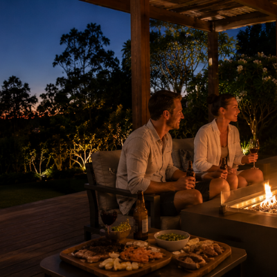 Friends gathered around a premium rectangular Fire Table on a luxury Australian outdoor deck at dusk, with food platters, wine, and landscaped gardens surrounding the glowing flames.