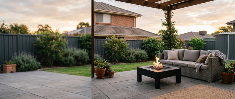 Freestanding bioethanol fire table with no gas line, glowing beside outdoor lounge seating on a suburban patio at dusk
