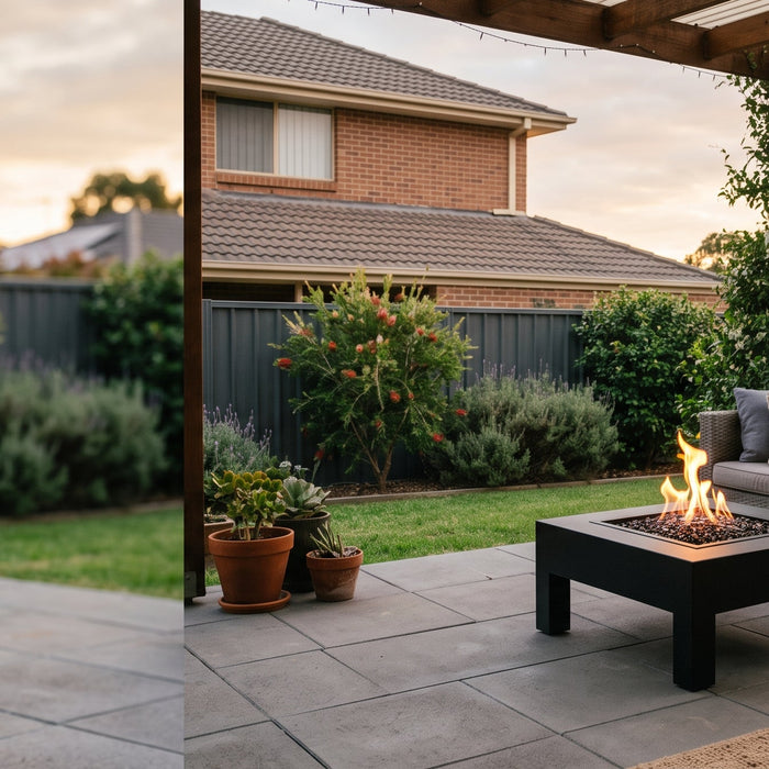 Freestanding bioethanol fire table with no gas line, glowing beside outdoor lounge seating on a suburban patio at dusk