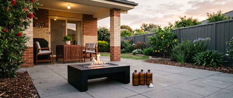 Bioethanol fire table with plain amber fuel bottles beside it on a paved suburban patio at dusk