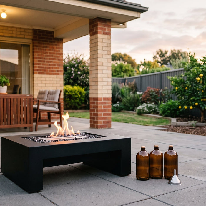 Bioethanol fire table with plain amber fuel bottles beside it on a paved suburban patio at dusk