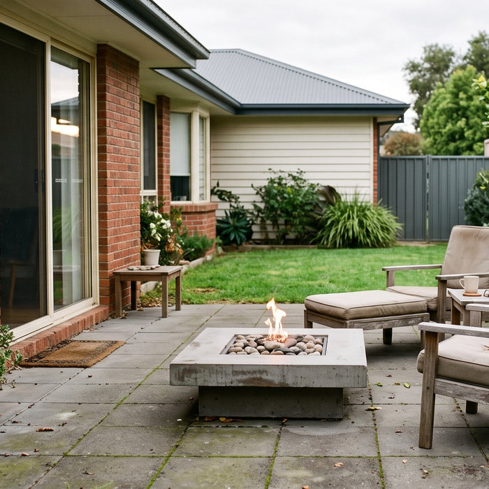 A concrete fire table alight on a tidy suburban Australian patio beside outdoor lounge chairs