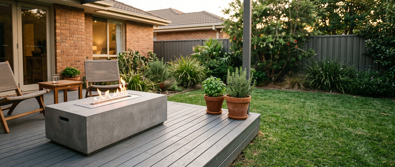 A freshly cleaned bioethanol fire table on a tidy timber deck in a normal Australian suburban backyard at dusk