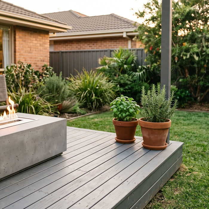 A freshly cleaned bioethanol fire table on a tidy timber deck in a normal Australian suburban backyard at dusk