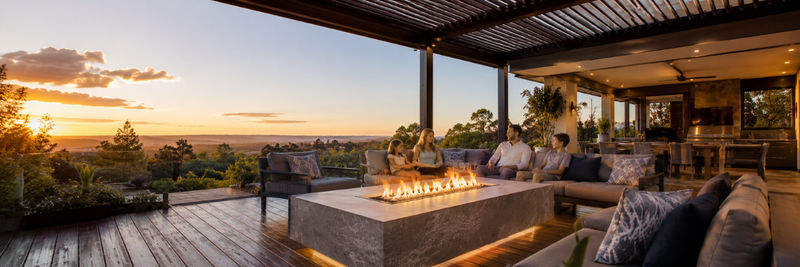 Luxury propane fire table under a covered Australian patio at sunset.