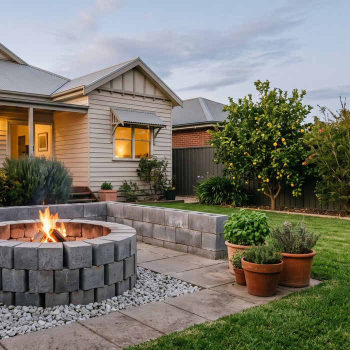 Round DIY fire pit built from stacked concrete blocks with a small wood fire on a paved patio in a tidy Australian suburban backyard at dusk