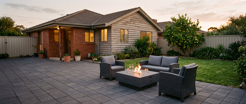 A concrete bioethanol fire table with lounge seating on a paved patio in a normal Australian suburban backyard at dusk