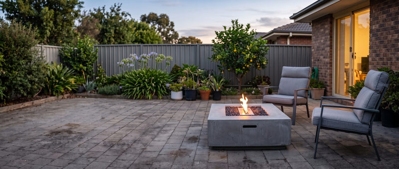 Lit square concrete bioethanol fire table on a paved suburban courtyard at dusk