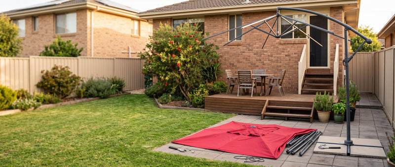 Cantilever patio umbrella frame with its canopy fabric removed during a re-canopy repair
