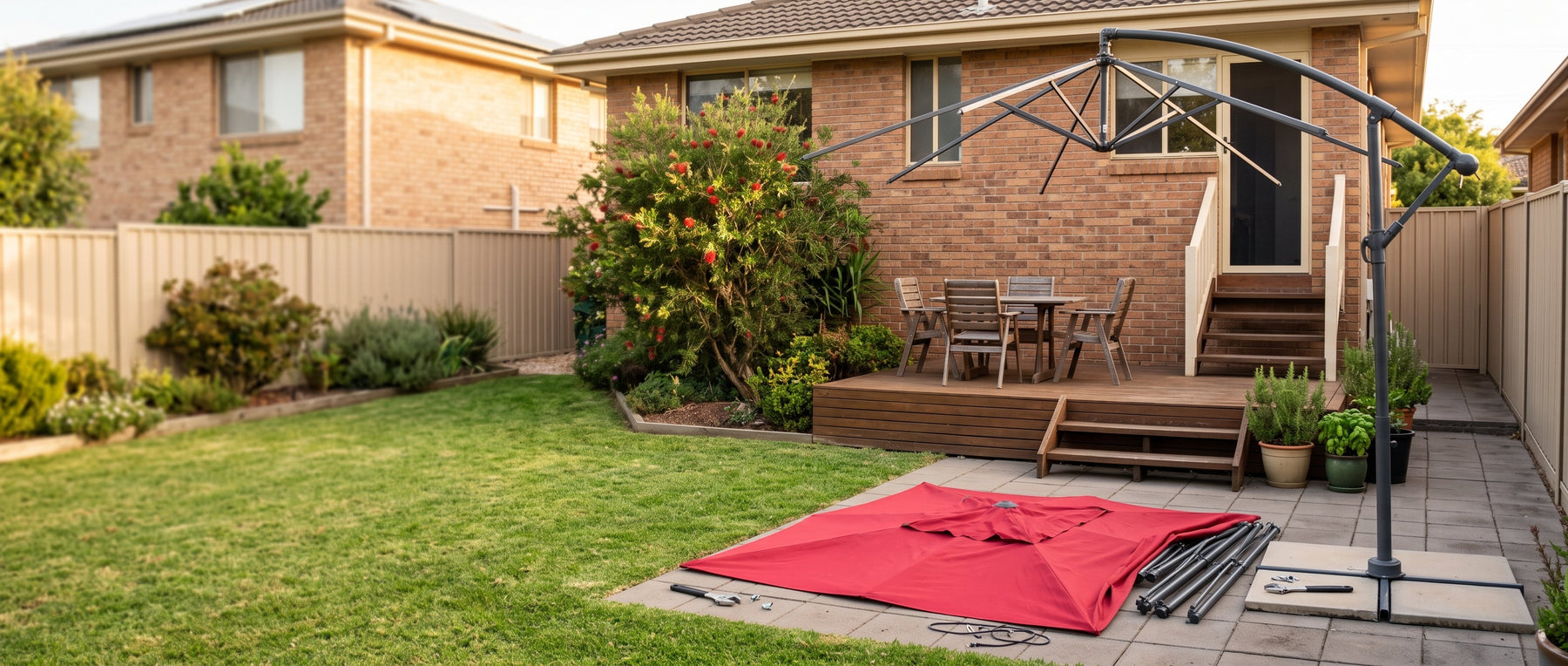 Cantilever patio umbrella frame with its canopy fabric removed during a re-canopy repair
