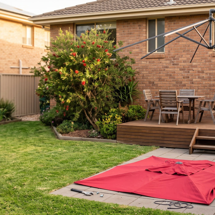 Cantilever patio umbrella frame with its canopy fabric removed during a re-canopy repair