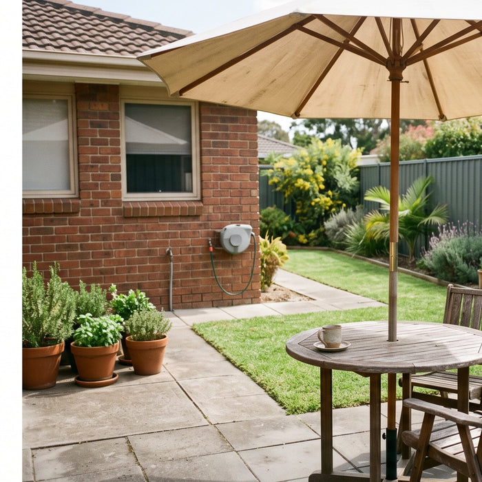 Round market-style patio umbrella over a small cafe table in a tidy Australian suburban courtyard