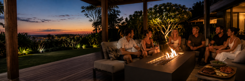 A group of friends relaxing around a long modern Fire Table on a luxury Australian patio at sunset, enjoying drinks and conversation beside glowing flames and landscaped gardens.