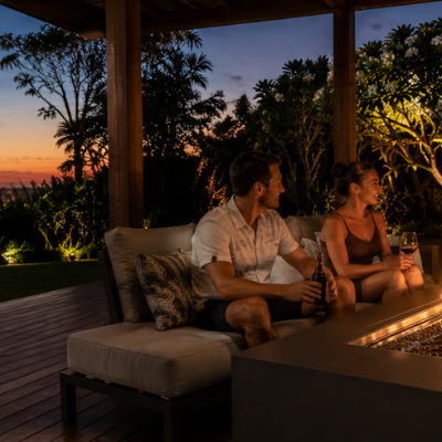 A group of friends relaxing around a long modern Fire Table on a luxury Australian patio at sunset, enjoying drinks and conversation beside glowing flames and landscaped gardens.
