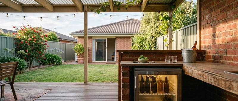 Stainless steel outdoor bar fridge built into a brick and timber bar in a suburban Australian backyard entertaining area