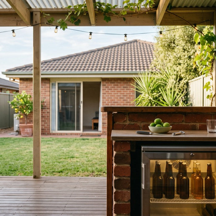 Stainless steel outdoor bar fridge built into a brick and timber bar in a suburban Australian backyard entertaining area